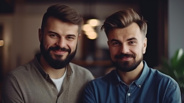 Miembros exitosos de una startup creativa AI generativa dos engreídos compañeros de trabajo sonriendo a la cámara