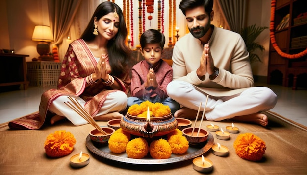 Foto miembros de la familia, jóvenes y viejos, se reúnen para la tradicional puja de diwali.