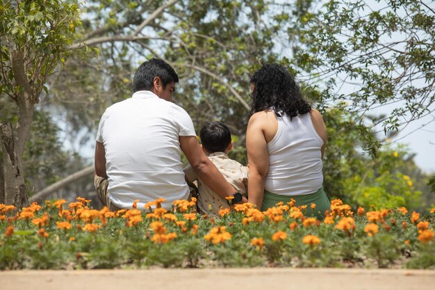 Miembros de la familia tomados de la mano y caminando hacia atrás en un parque juntos como familia