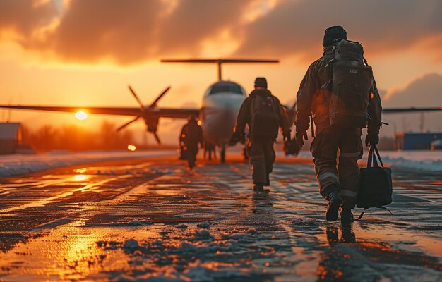 Foto los miembros de la tripulación de control de tráfico aéreo en tierra se muestran en la pista del aeropuerto con confianza.