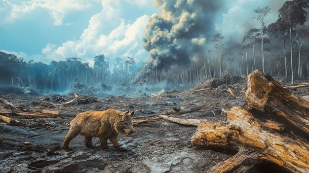 Mientras el bosque se quema, un animal raro vaga por los restos de su hábitat, simbolizando la amenaza inminente de extinción.