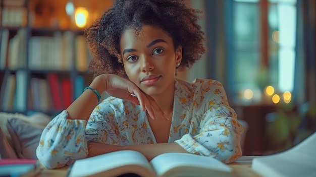 Foto mientras completa sus tareas escolares en casa y se prepara para la clase en la universidad, una joven afroamericana soñadora con cabello corto y complexión rizada está retratada