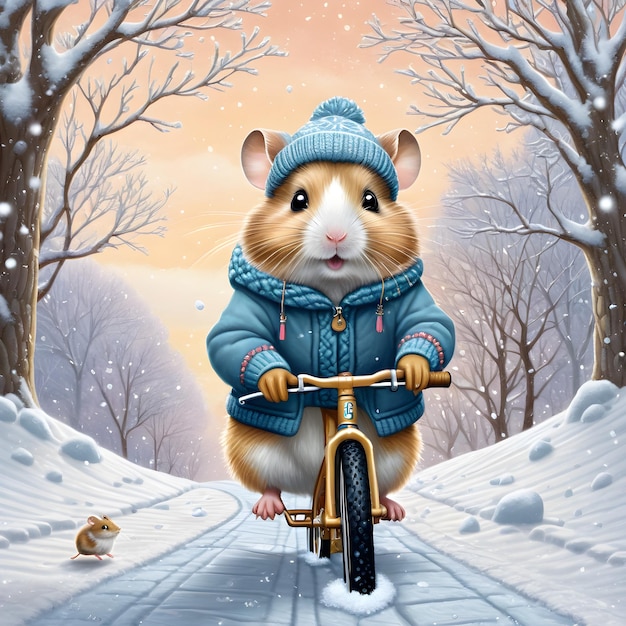 Foto mientras el hámster antropomórfico en su acogedor traje de invierno cabalgaba en su pequeña bicicleta a lo largo de la cubierta de nieve