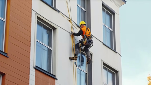 Mientras limpia el vidrio de la fachada exterior de una estructura residencial, un alpinista industrial cuelga sobre él. Se muestra un trabajador de trabajos verticales en la pared de una casa. La IA generativa