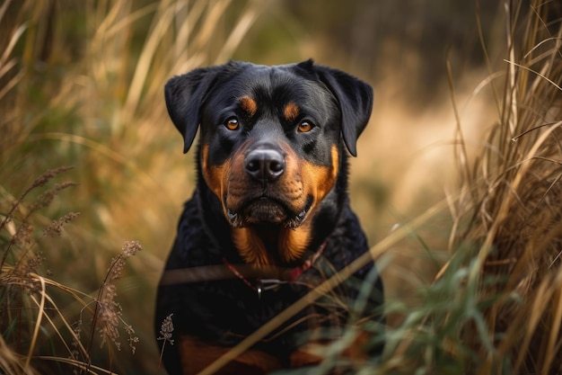 Mientras pasea por el monte, una perra rottweiler se para en la hierba alta y mira la cámara