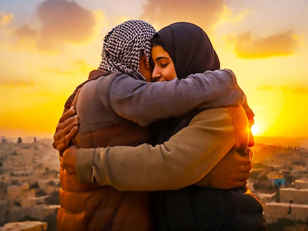 Mientras el sol se pone en un mundo perfecto un palestino y un israelí comparten un cálido abrazo su diferencia
