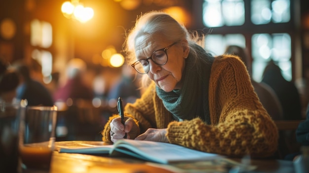 Mientras el sol se pone sobre el horizonte un grupo de ancianos comparten sus trabajos escritos en una jubilación