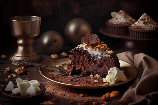 Migalhas de pão de ló de chocolate com creme e nozes na mesa