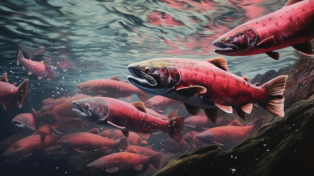 Migração para desova de salmão rosa closeup