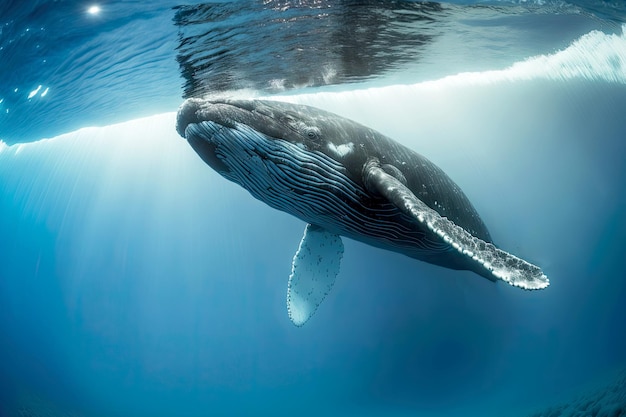 Migración de animales ballena enorme nadando en el océano