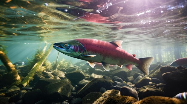 Migración para el desove del primer plano del salmón rosado