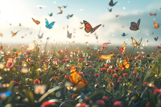 Migración de mariposas sobre un campo de flores silvestres