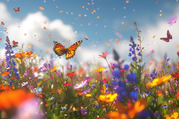 La migración de las mariposas sobre un vibrante prado de flores