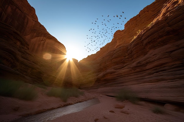 Foto migración de mariposas a través del vasto cañón con la puesta de sol detrás creada con inteligencia artificial generativa