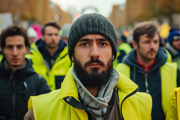 Migranten in gelben Westen protestieren auf den Straßen mit einem entschlossenen Gesichtsausdruck