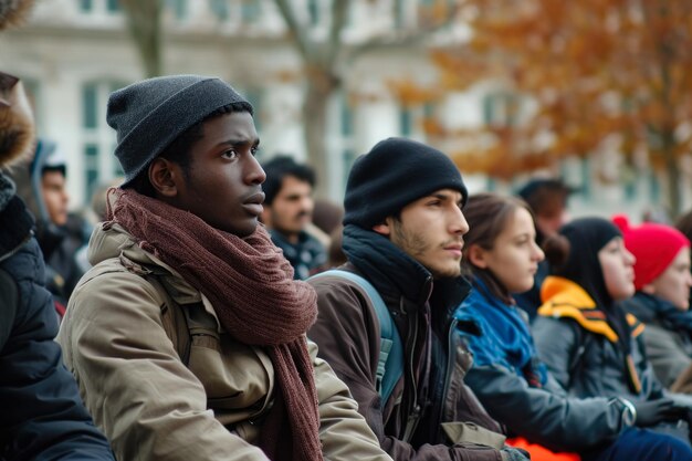 Migranten sitzen vor einem Rathaus und protestieren gegen Korruption.