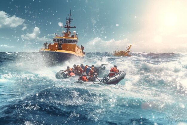 Migranten überqueren in einem überfüllten Boot das Meer. Ein Schiff gleitet bei Sonnenuntergang zwischen Wasser und Himmel auf dem Meer