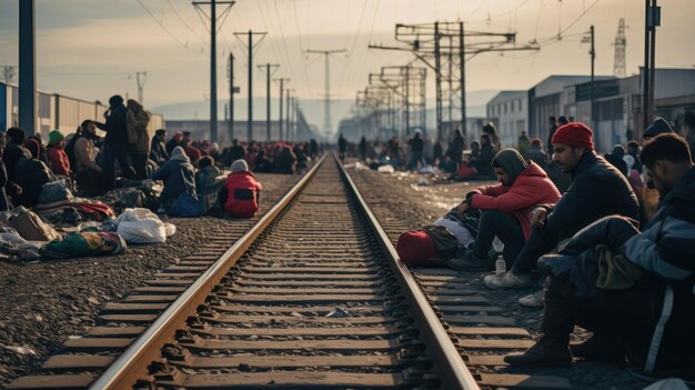 Foto migrantes à espera de desembolso na alfândega nos trilhos ferroviários