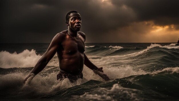 migrantes africanos perdidos en una peligrosa tormenta en el mar Mediterráneo soñando con un futuro europeo