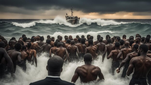 migrantes africanos perdidos en una peligrosa tormenta en el mar Mediterráneo soñando con un futuro europeo