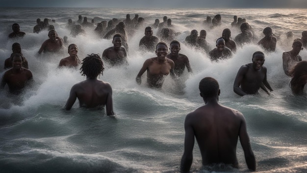 migrantes africanos perdidos en una peligrosa tormenta en el mar Mediterráneo