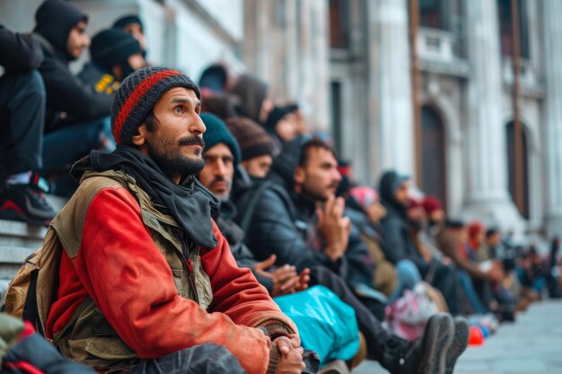 Migrantes sentados frente a un ayuntamiento protestando contra la corrupción