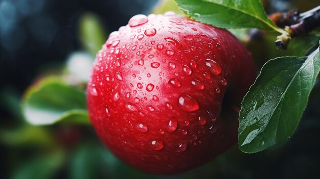 Mikro-Close-Up-Aufnahme einer frischen roten Apfelfrucht, die an einem Baum hängt, mit Wassertropfen und Tau als breites Banner mit Kopierraum.