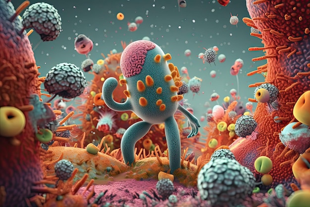 Mikrobiom-D-Illustration, die im Verdauungssystem lebt, Cartoon-Figur, generative KI
