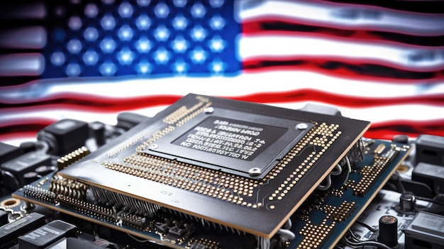 Mikrochip auf einem Motherboard mit einer amerikanischen Flagge in seinem Design. Die USA sind aufgrund ihrer Chipindustrie und globalen Lieferkette der weltweit führende Chiphersteller und -lieferant