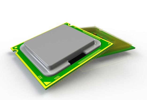 Mikrochip CPU (Zentraleinheit) lokalisiert auf weißem Hintergrund, Wiedergabe 3D