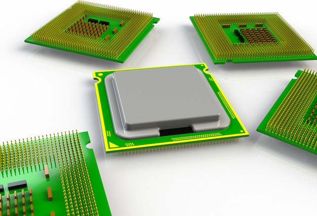 Mikrochip CPU (Zentraleinheit) lokalisiert auf weißem Hintergrund, Wiedergabe 3D