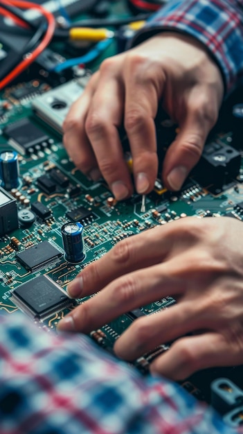 Mikrochip-Handbuch zum Anschließen an den Mikrocontroller. Draufsicht auf die Hände des Ingenieurs, der mit der Mikrosteuerung arbeitet