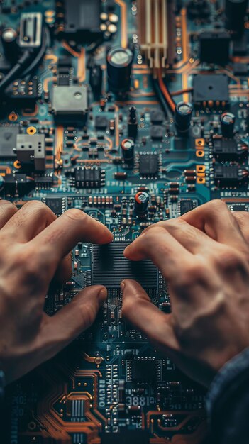 Mikrochip-Handbuch zum Anschließen an den Mikrocontroller. Draufsicht auf die Hände des Ingenieurs, der mit der Mikrosteuerung arbeitet