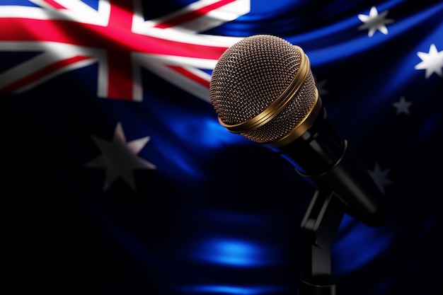 Mikrofon auf dem Hintergrund der Nationalflagge Australiens realistische 3D-Illustration Musikpreis Karaoke-Radio und Tonstudio-Tongeräte