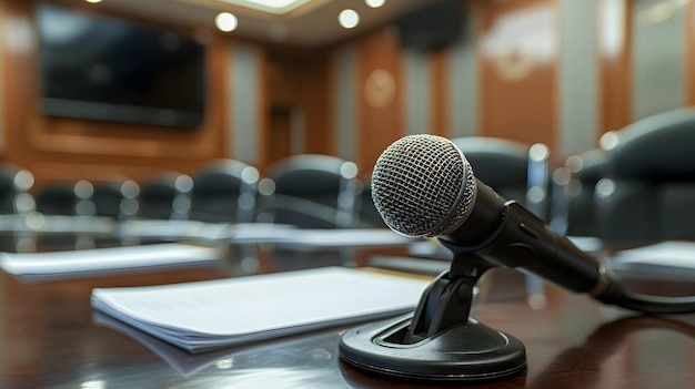 Mikrofon auf dem Tisch im Konferenzraum oder im Seminarraum Geschäftshintergrund