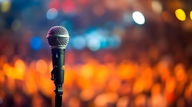Mikrofon auf der Bühne mit unscharfem Publikumshintergrund