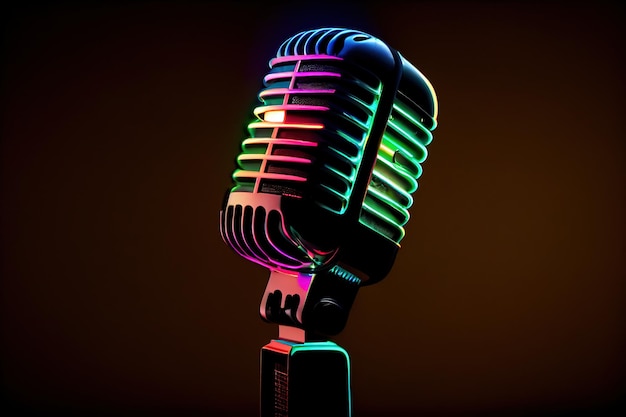 Foto mikrofon-neonlicht auf schwarzem hintergrund podcasting-gesang und aufnahme von generativer ki
