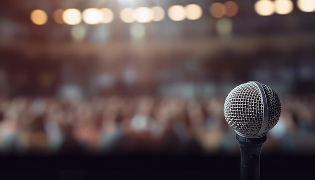 Mikrofon über dem abstrakten, verschwommenen Foto des Konferenzsaals. Geschäftstreffen und Bildungskonzept