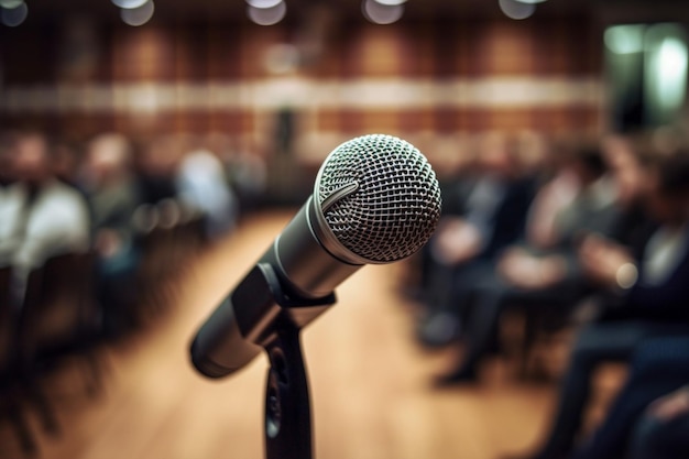Mikrofon über dem abstrakten, verschwommenen Foto eines Konferenzsaals oder eines Hochzeitsbanketts mit generativer KI