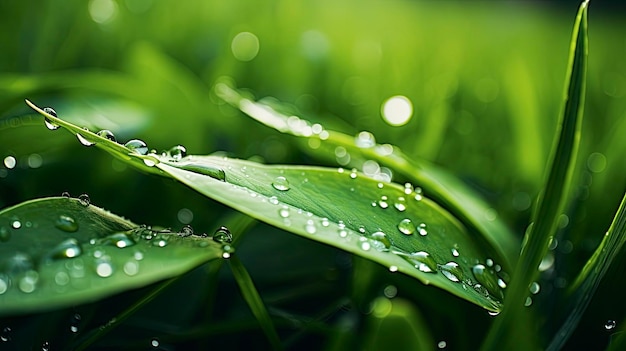 Mikrofotografie von grünem Gras und Wassertau, grünblättriger Pflanzenkopierraum