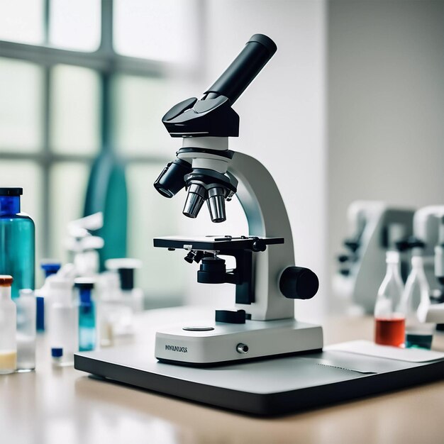 Foto mikroskop auf dem hintergrund der laborforschung zu neuen arzneimitteln gesundheitskonzept