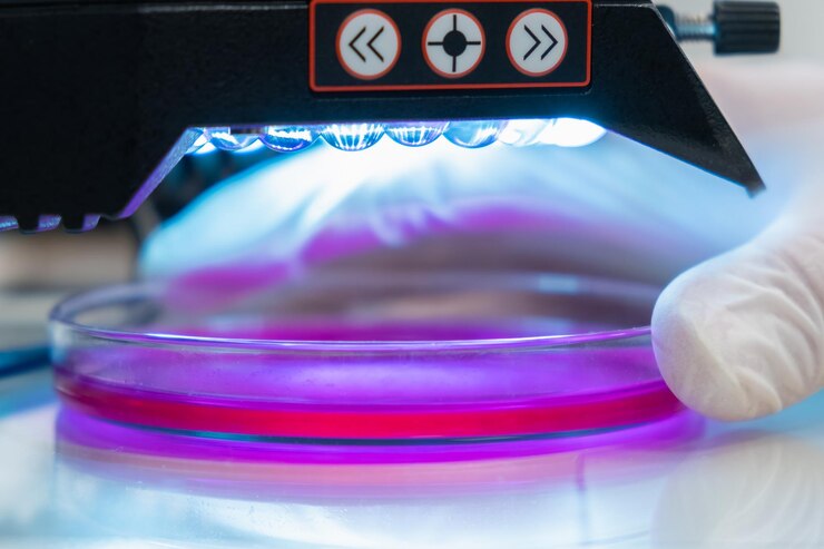 Mikroskop in einem medizinischen Forschungszentrum zur Analyse von Probenwissenschaftlern in Gummihandschuhen, die Proben testen