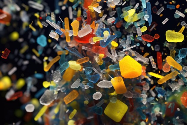 Mikroskopische Ansicht verschiedener Mikroplastikpartikel, die mit generativer Ai erzeugt wurden