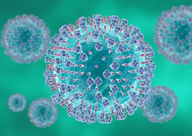 Mikroskopisches Respiratory-Syncytial-Virus. Es verursacht Infektionen der Atemwege und der Lunge bei Neugeborenen und Kleinkindern. 3D-Illustration