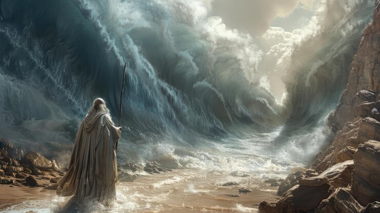Foto milagro bíblico vista de atrás de moisés dividiendo el mar con su palo paredes gigantes hechas de agua ondulando representando un poderoso símbolo cristiano de intervención divina y fe del viejo testamento