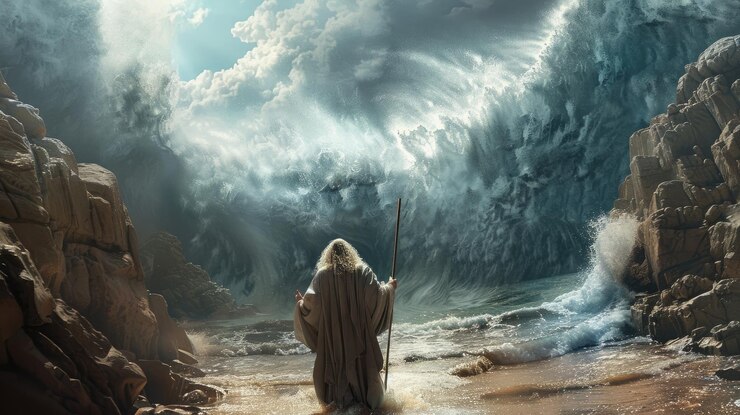 Foto milagro bíblico vista de atrás de moisés dividiendo el mar con su palo paredes gigantes hechas de agua ondulando representando un poderoso símbolo cristiano de intervención divina y fe del viejo testamento
