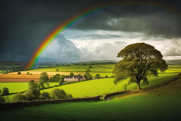 Milagro del día de San Patricio Un hermoso paisaje irlandés en la ladera con un arco iris después de un verano nublado