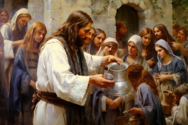 Foto milagro de jesucristo convirtiendo el agua en vino un evento transformador en cana demostrando la divinidad de cristo y su capacidad para traer alegría y abundancia a través de la intervención divina