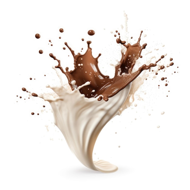 Milch-A7-Schokoladenspritzer mischt sich und fliegt im weißen, leeren Raum