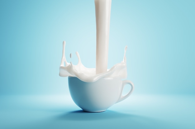 Milch, die auf eine weiße Tasse Kaffee auf blauer Hintergrundfarbe gießt. 3D-Rendering